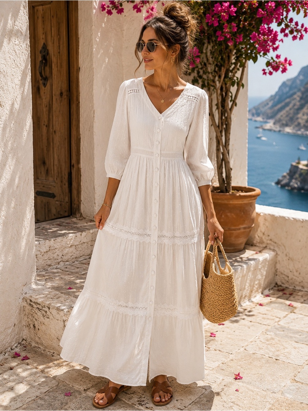White Cotton Swiss Dot Maxi Dress Cottagecore Prairie Lace Tiered Boho M